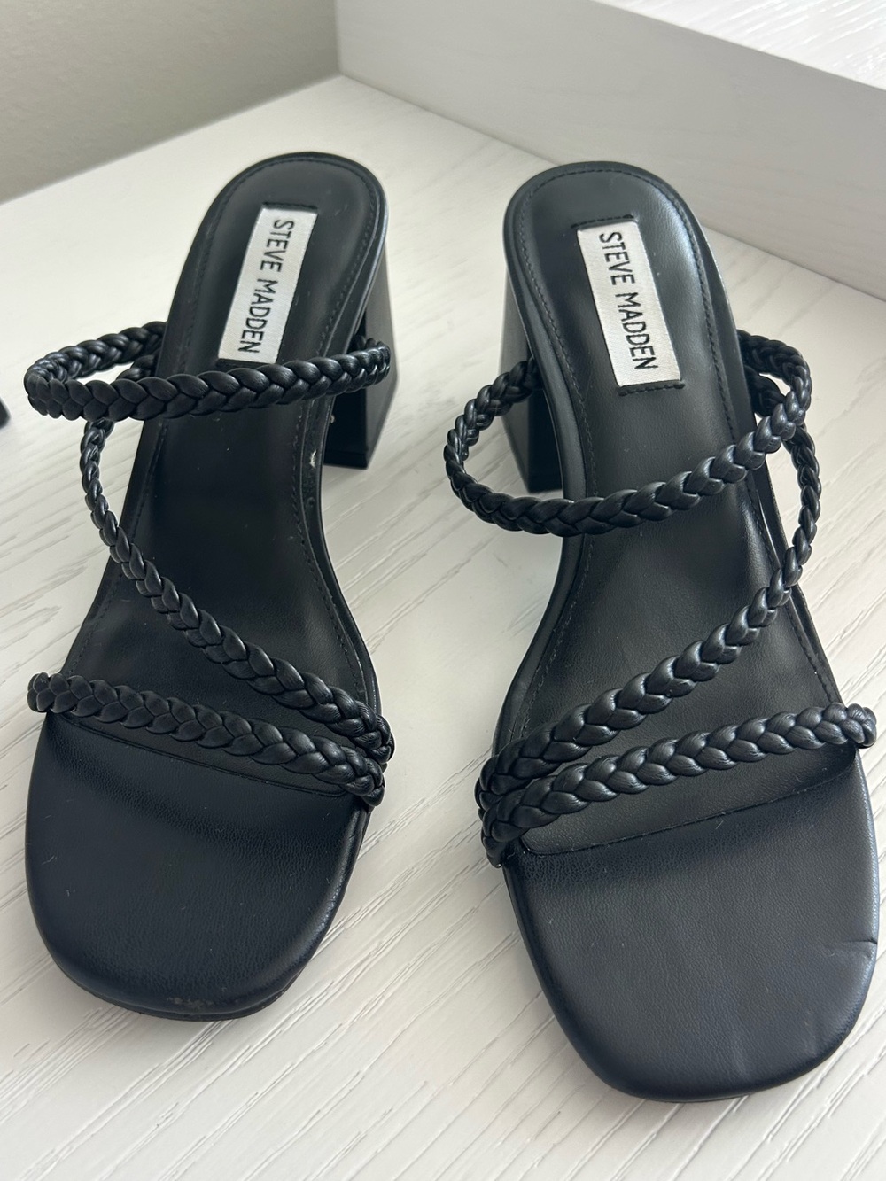 Steve Madden Black Braided-Strap Block Heel Mules